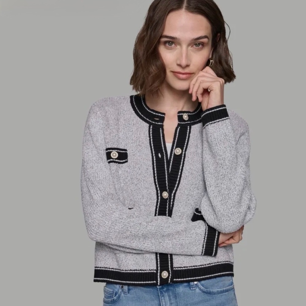 Karl Lagerfeld Paris Contrast Border Knit Cardigan Grey XXS